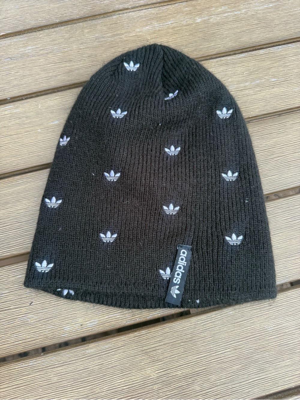 Adidas Originals Black Allover Trefoil Logo Slouch Beanie One Size